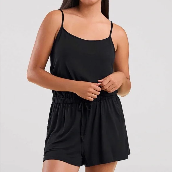 NUUDS | Black Spaghetti Strap Sleep Romper - Picture 3 of 9